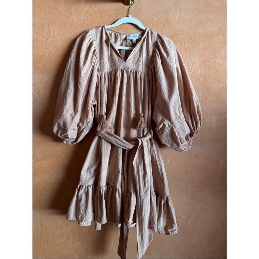 Cleobella 100% Cotton Puff Sleeve Mini Dress Boho Tie Waist Small